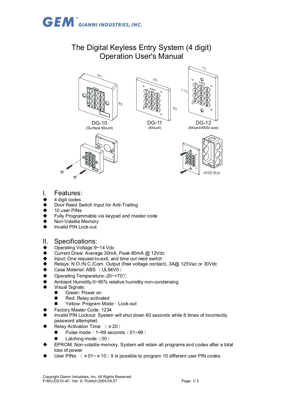 Gianni Industries DG-10, ANSI Box, DG-12 User Manual