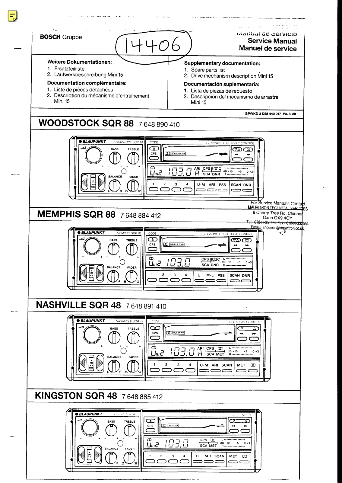 Blaupunkt sqr48, sqr88 Service Manual