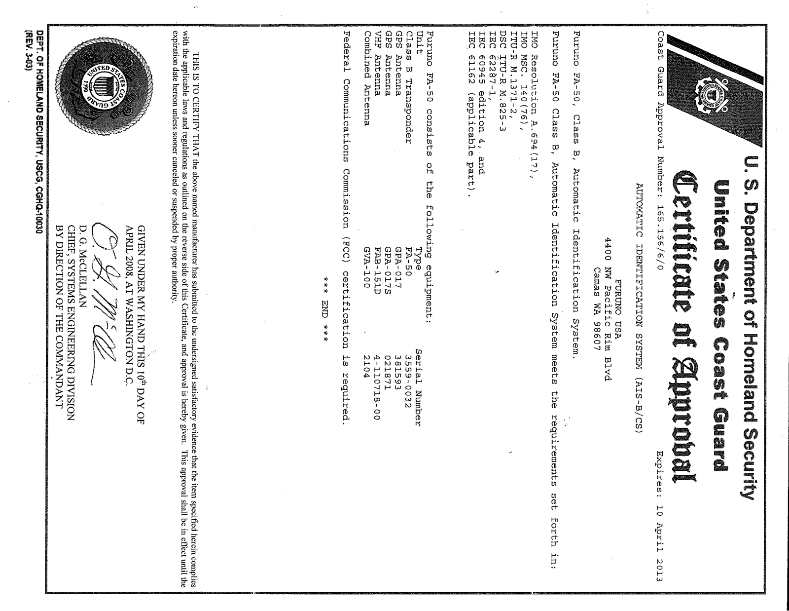 Furuno FA50 Certification