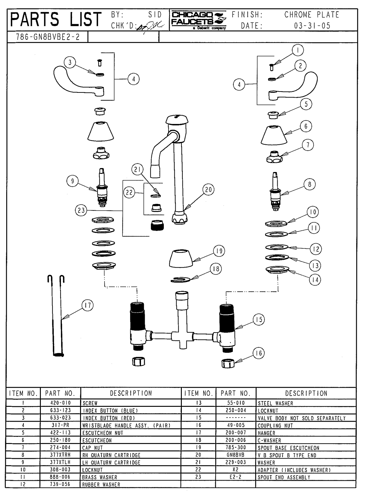 Chicago Faucet 786-GN8BVBE2-2CP Parts List