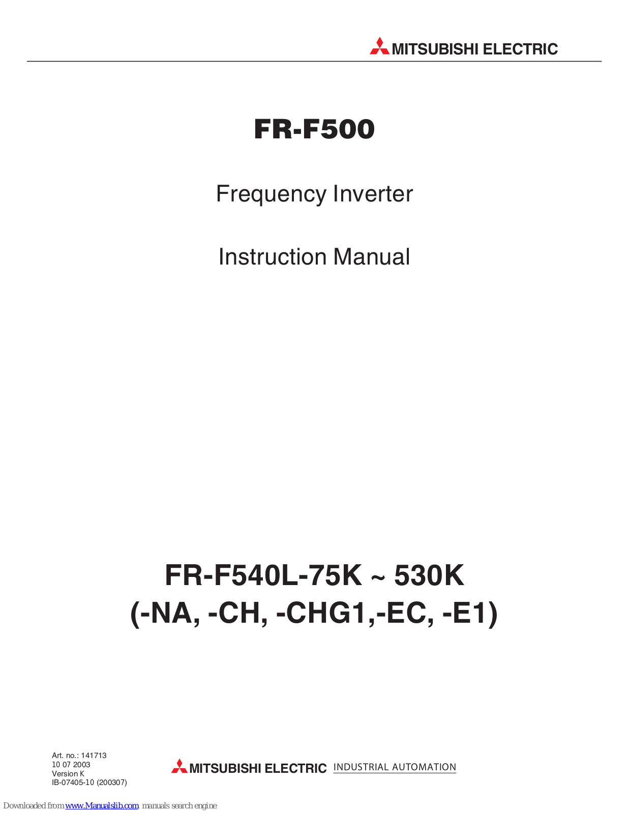 Mitsubishi FR-F520L-75K, FR-F540L-90K, FR-F520L-90K, FR-F520L-110K, FR-F540L-75K Instruction Manual