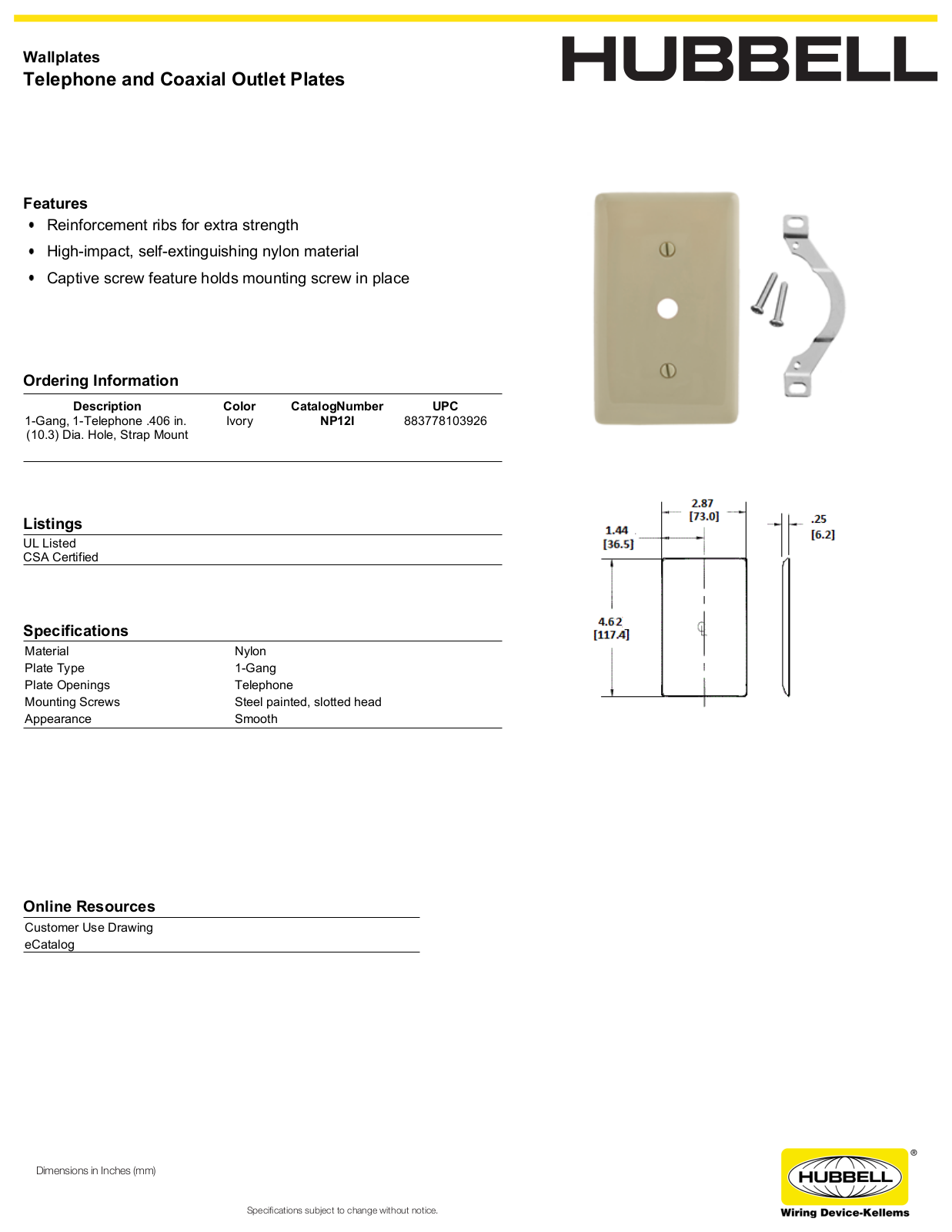 Hubbell NP12I Specifications