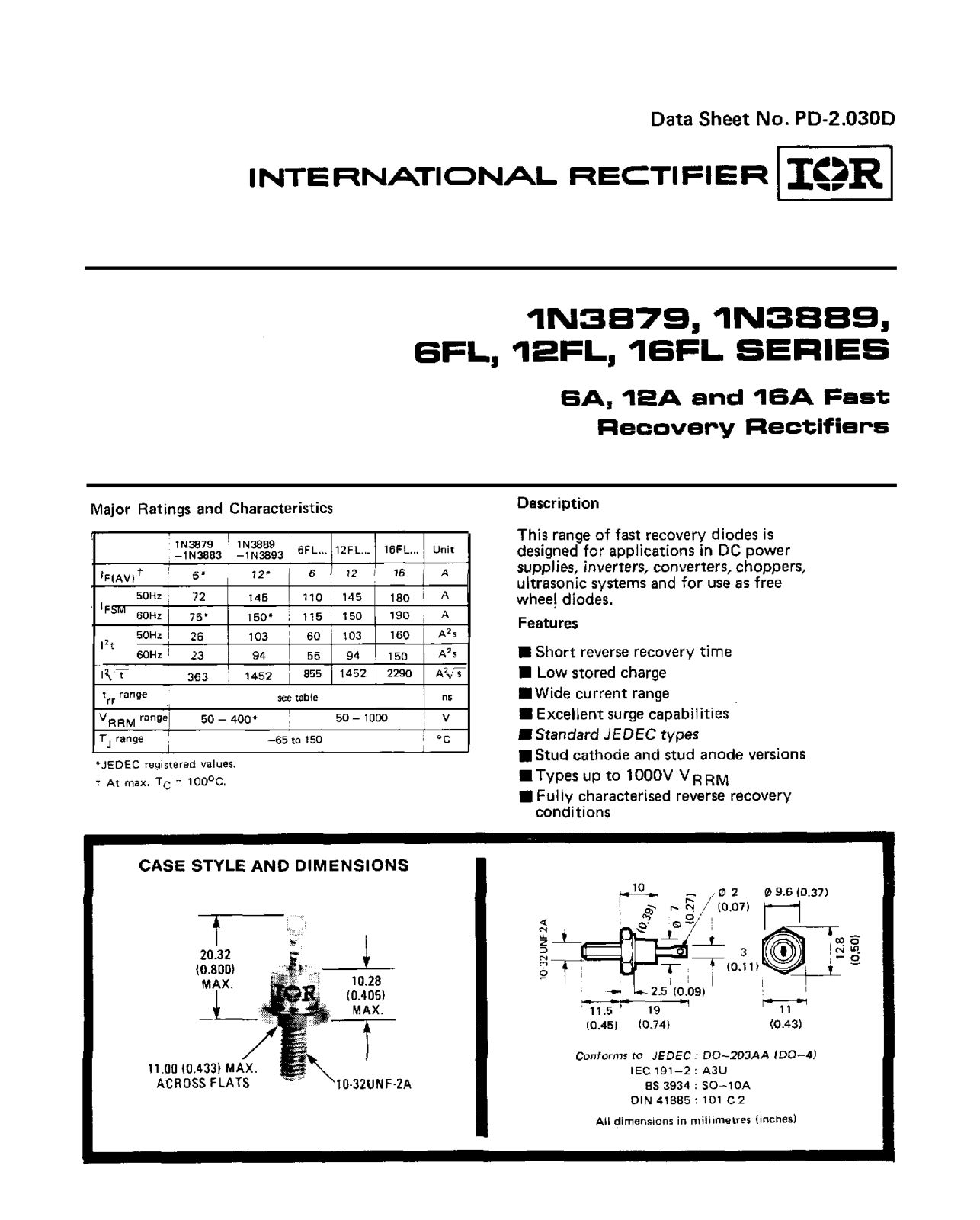 International Rectifier 1N3879 SERIES, 1N3889 SERIES, 6FL SERIES, 12FL SERIES, 16FL SERIES Data Sheet