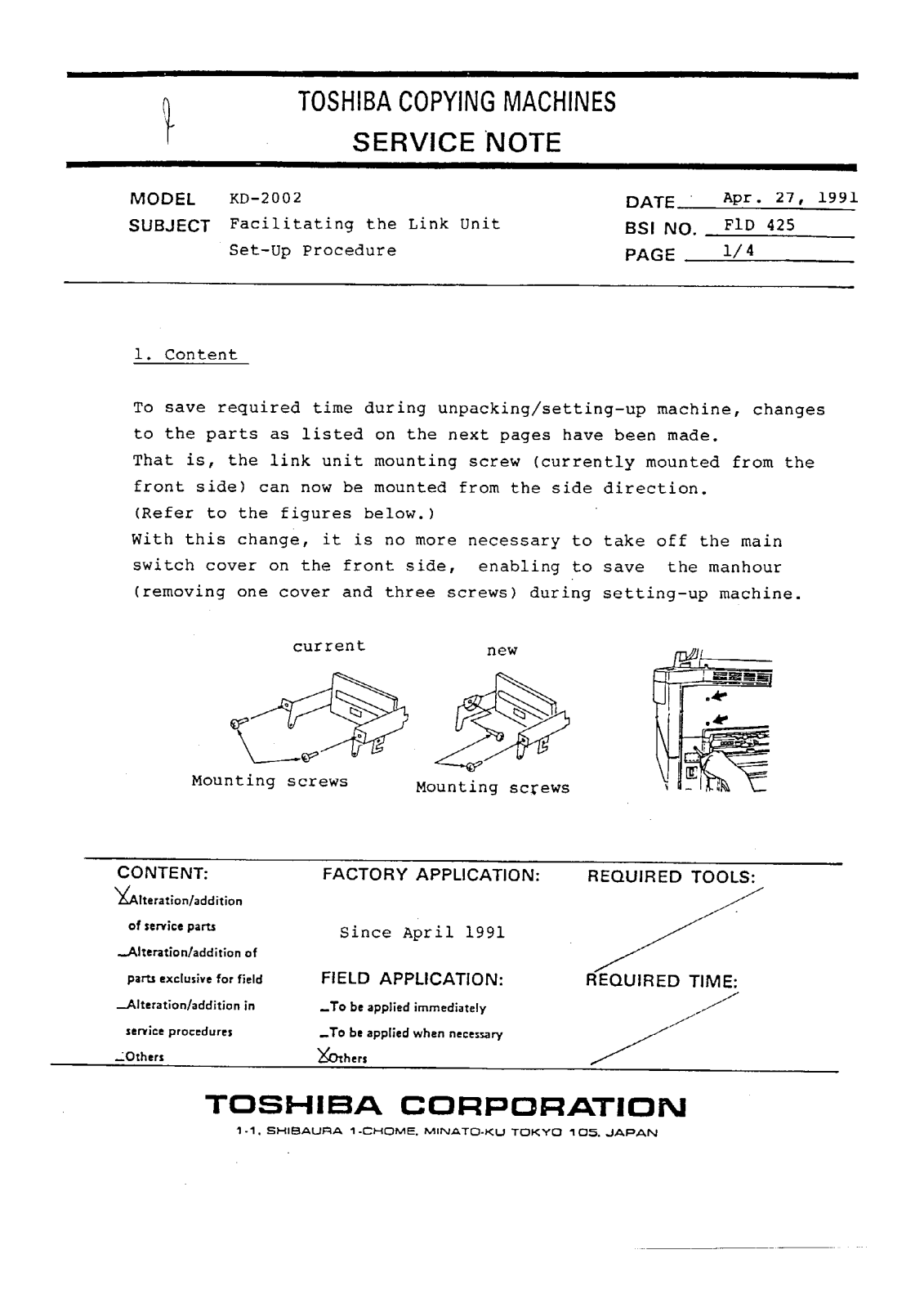 Toshiba f1c425 Service Note