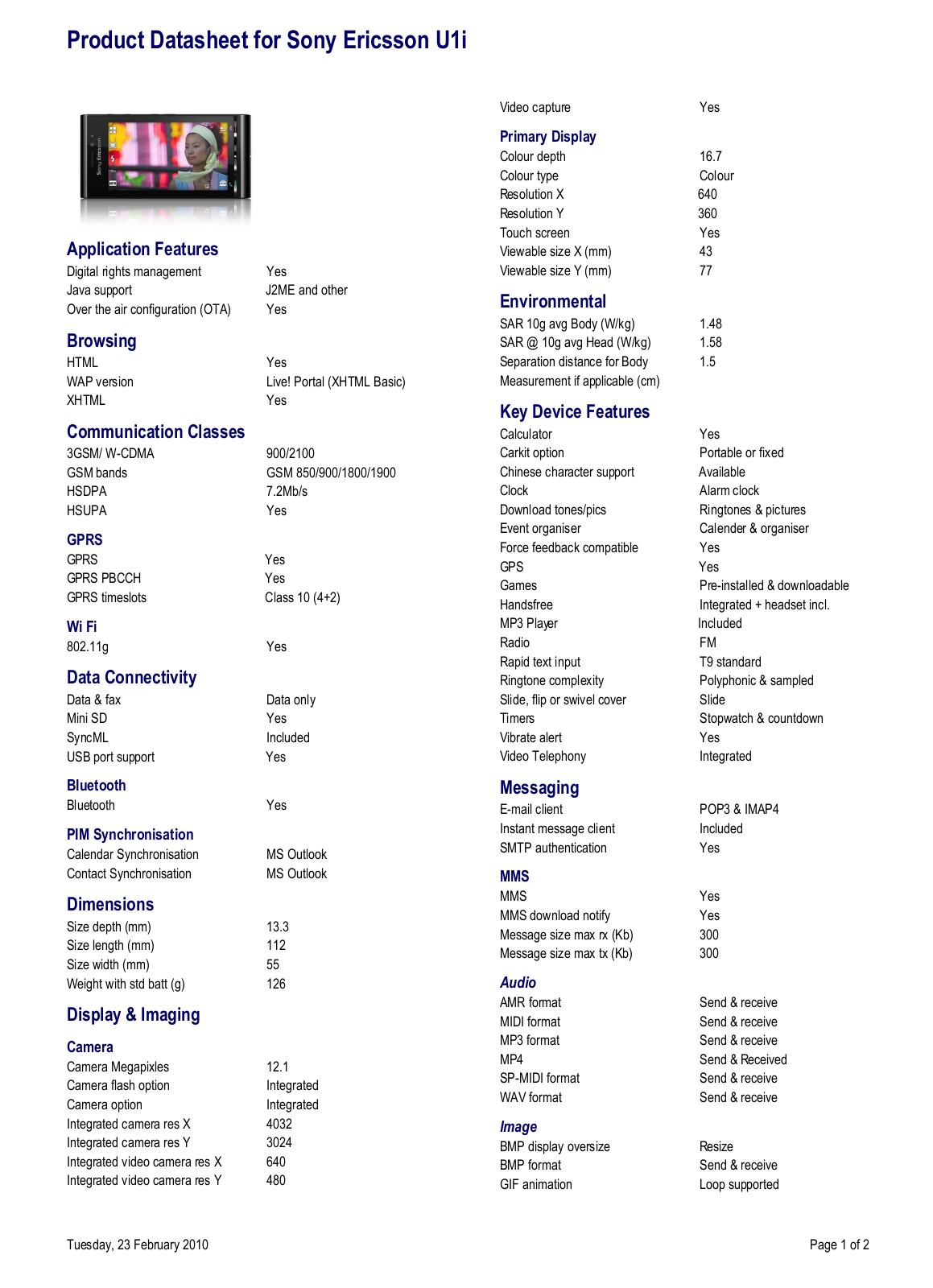 Sony ericsson U1I DATASHEET