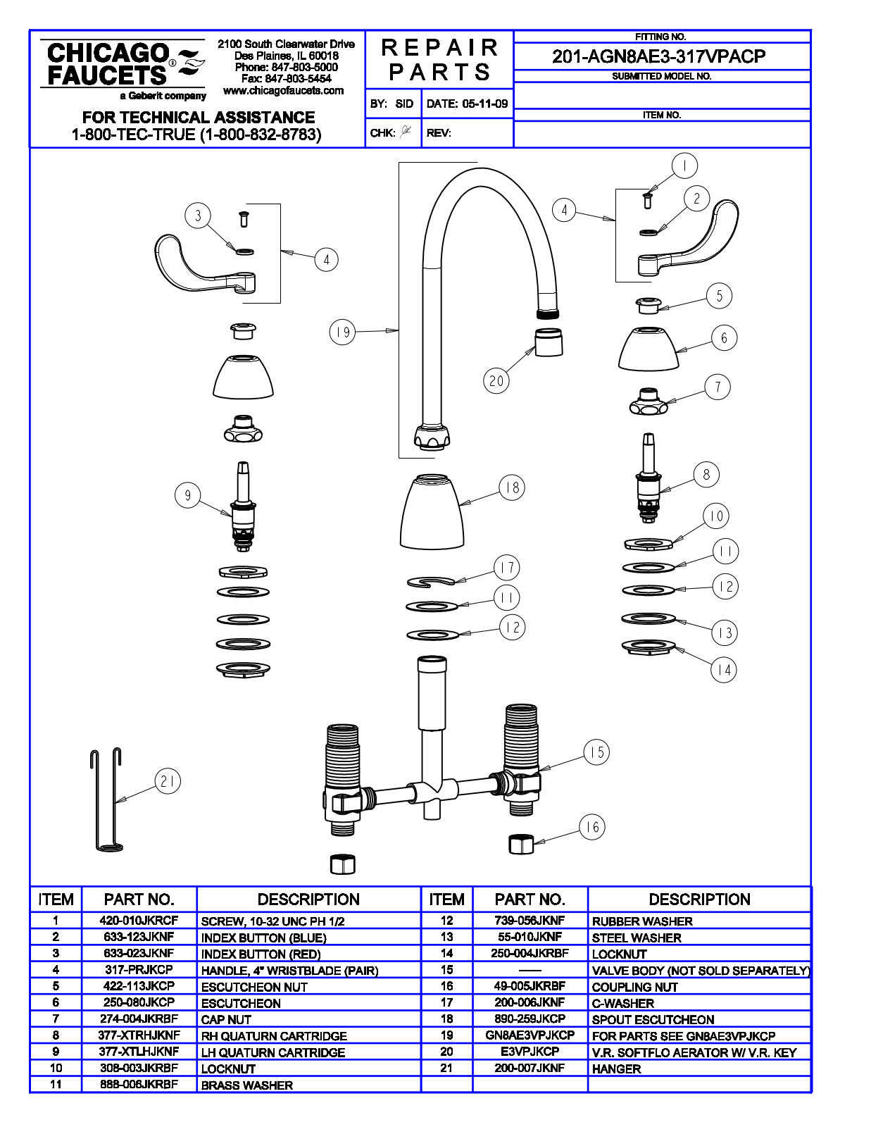 Chicago Faucet 201-AGN8AE3-317VPACP Parts List