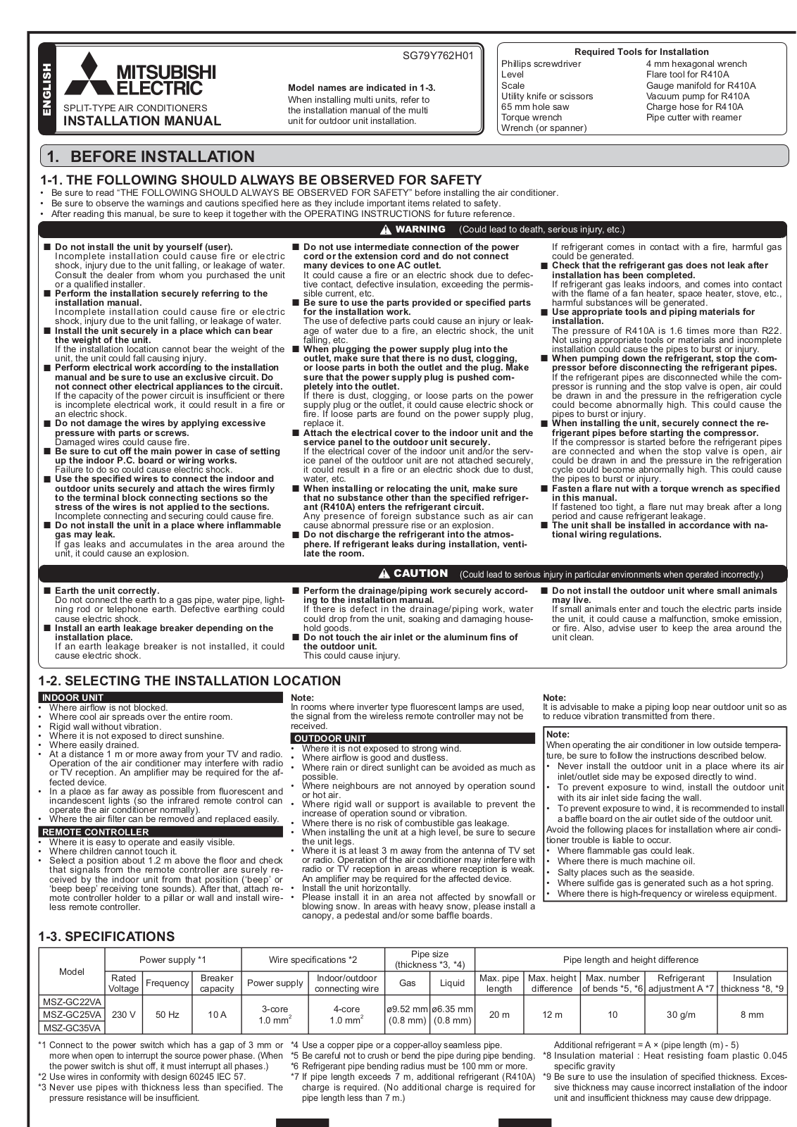 Mitsubishi MSZ-GC22VA, MSZ-GC25VA, MSZ-GC35VA, MUZ-GC25VA, MUZ-GC35VA Installation Manual