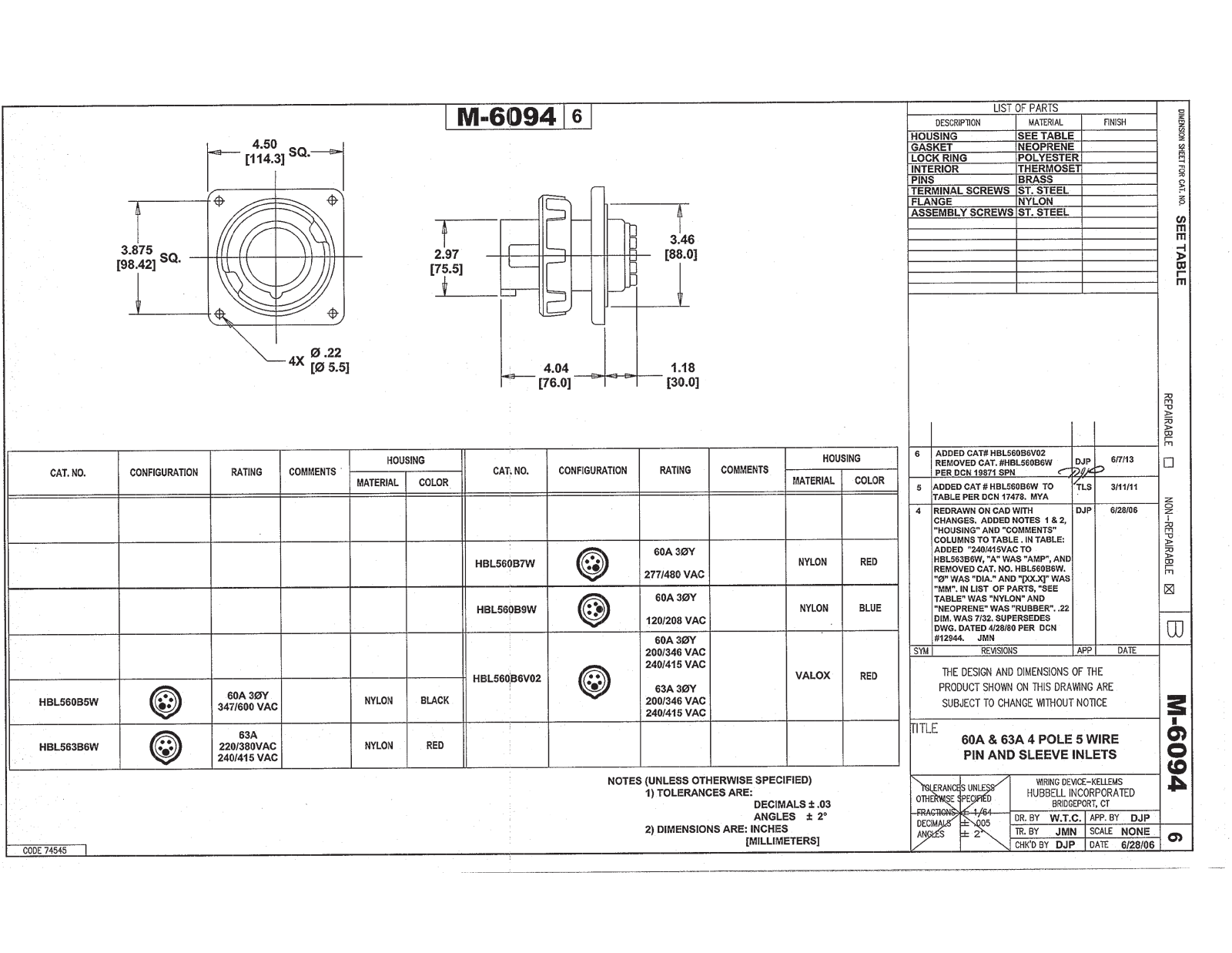 Hubbell HBL560B5W Reference Drawing