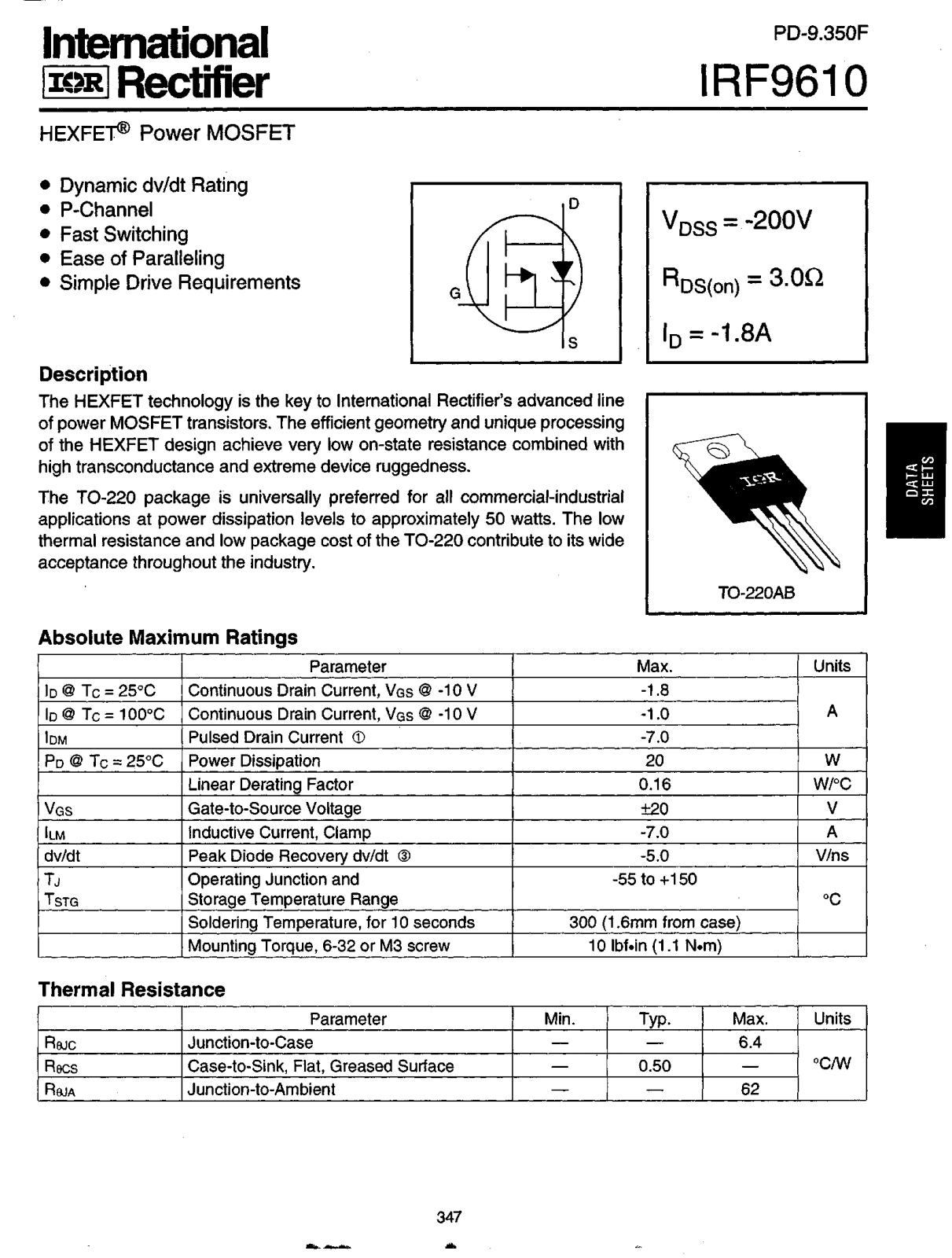 International Rectifier IRF9610 Datasheet