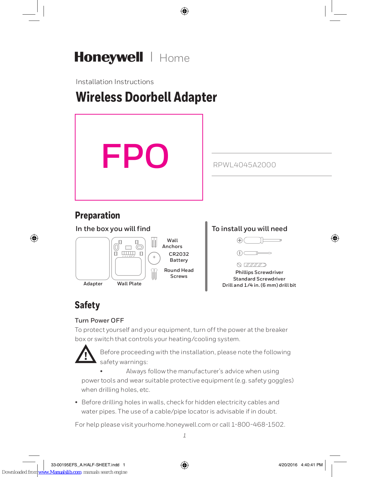 Honeywell RPWL4045A2000 Installation Instructions Manual