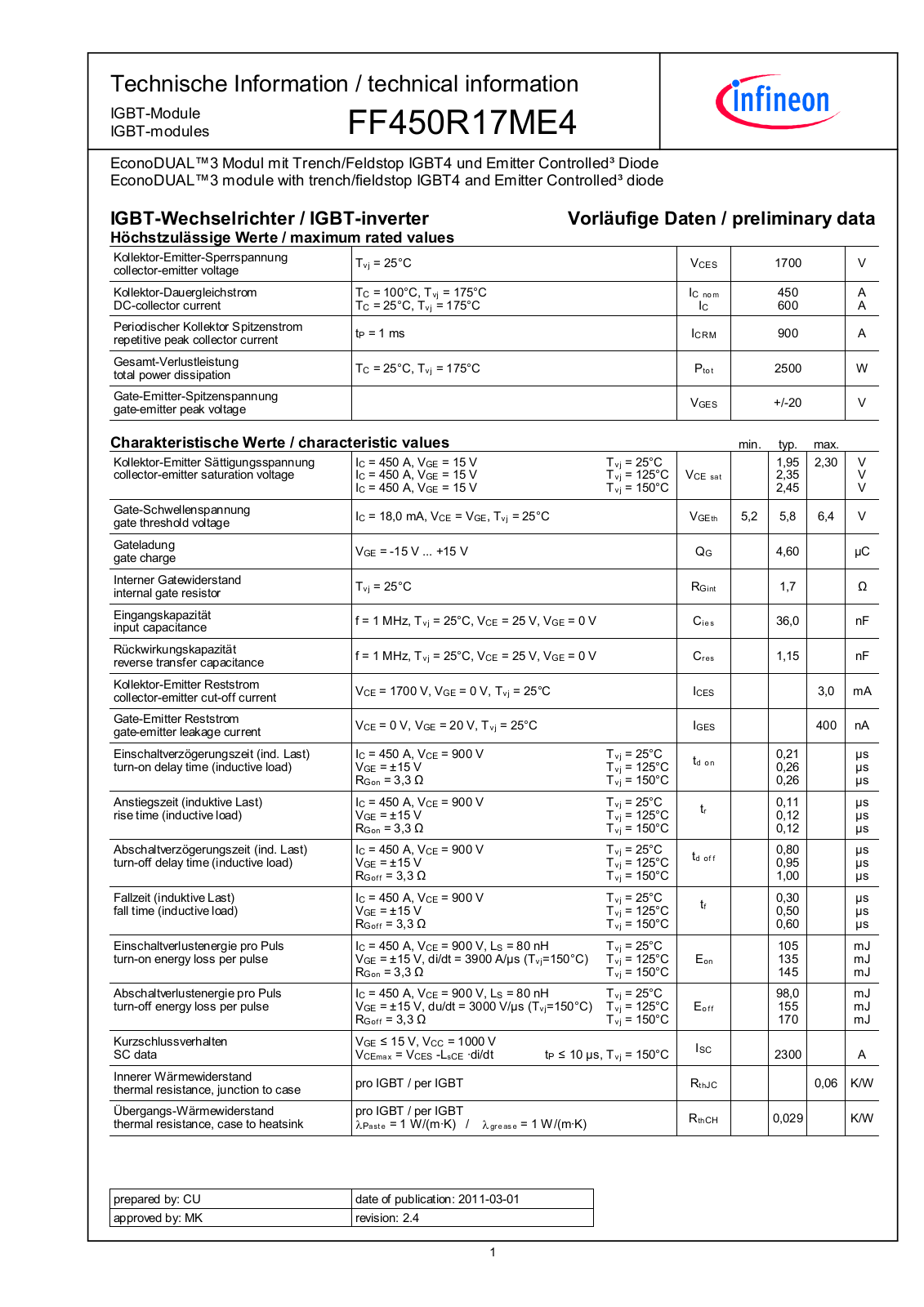 Infineon FF450R17ME4 Data Sheet