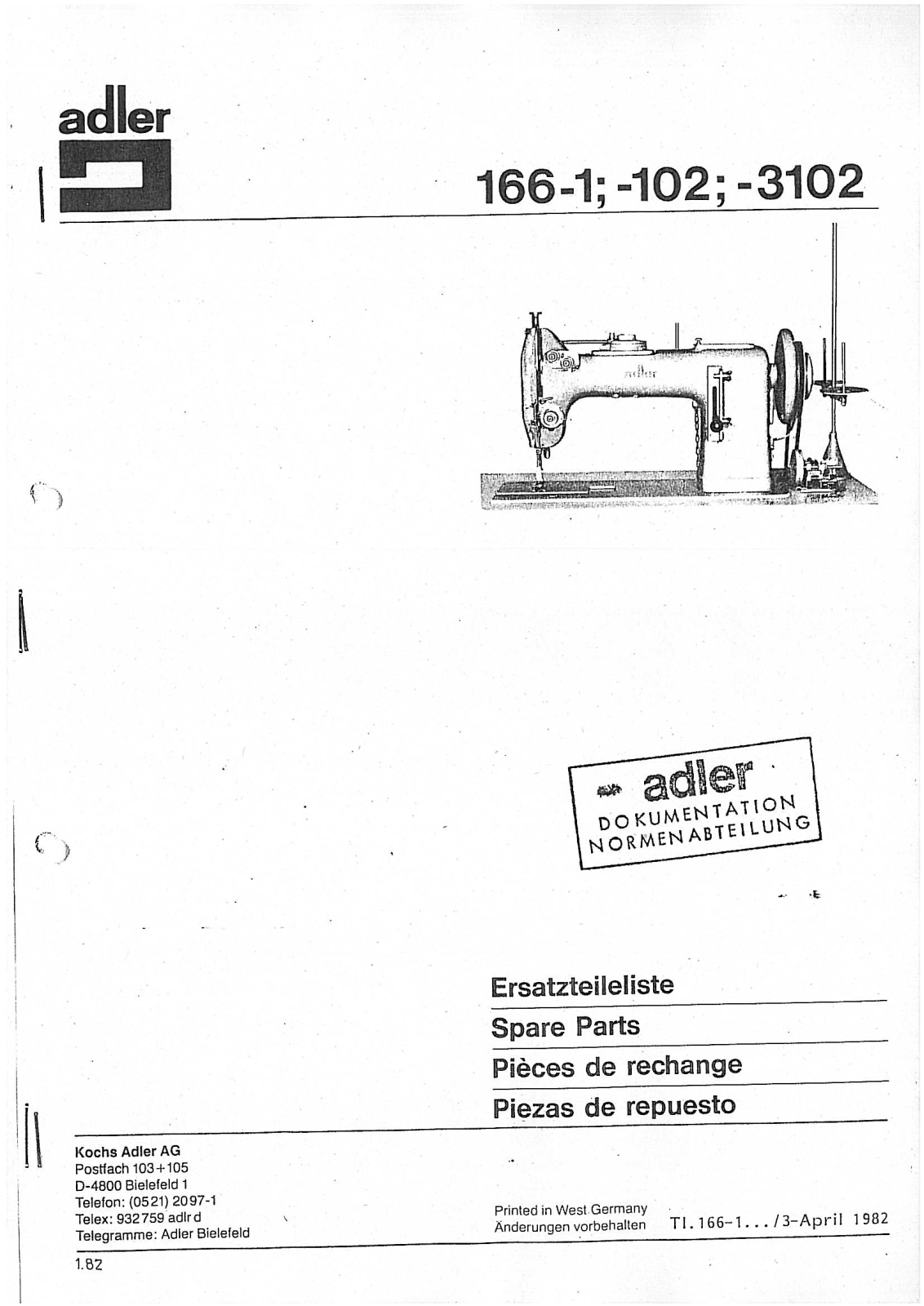 Durkopp Adler 166-1, 166-102, 166-3102 Parts Book