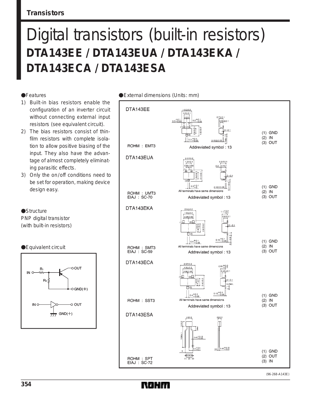 ROHM DTA143EUA, DTA143ESA, DTA143EKA, DTA143EE, DTA143ECA Datasheet