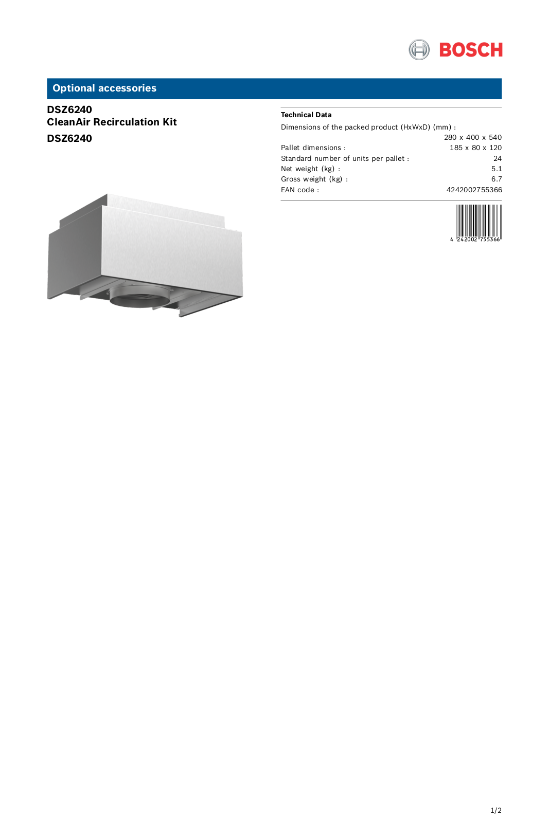 Bosch DSZ6240 Specifications Sheet