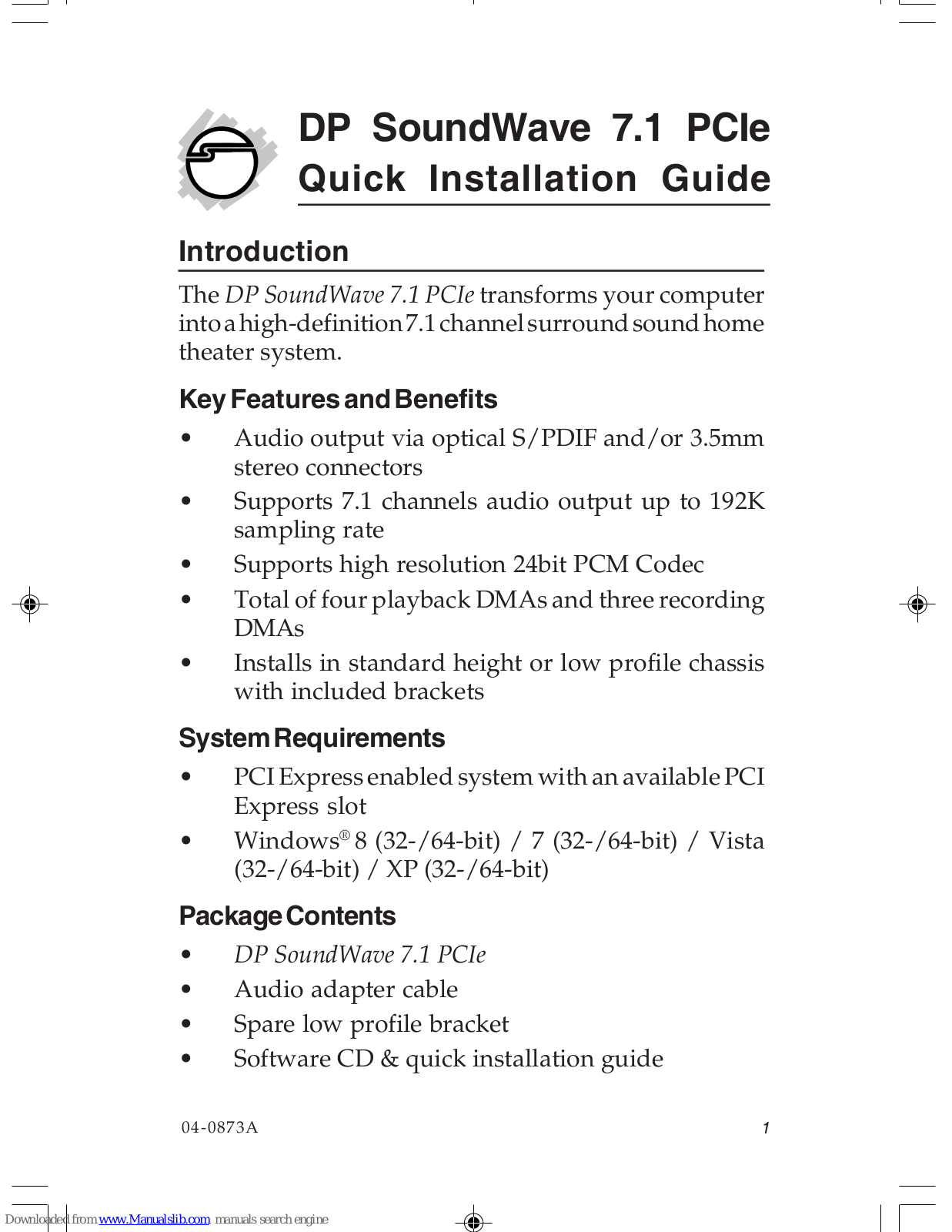 SIIG DP SoundWave 7.1 PCIe Quick Installation Manual