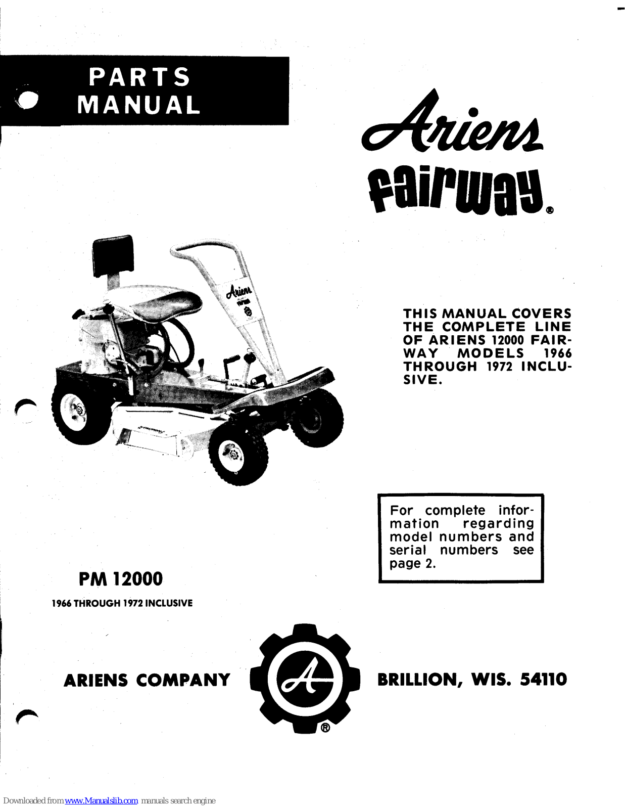 Ariens 912001, 725002, 912002, 912003, 912970 Parts Manual