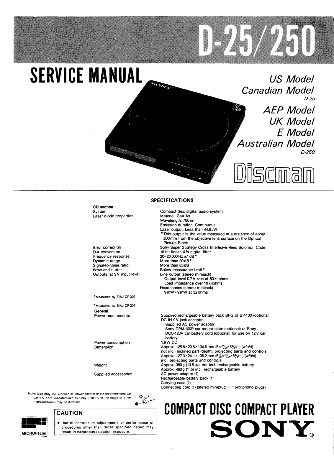 Sony D 25, D 250 Service Manual