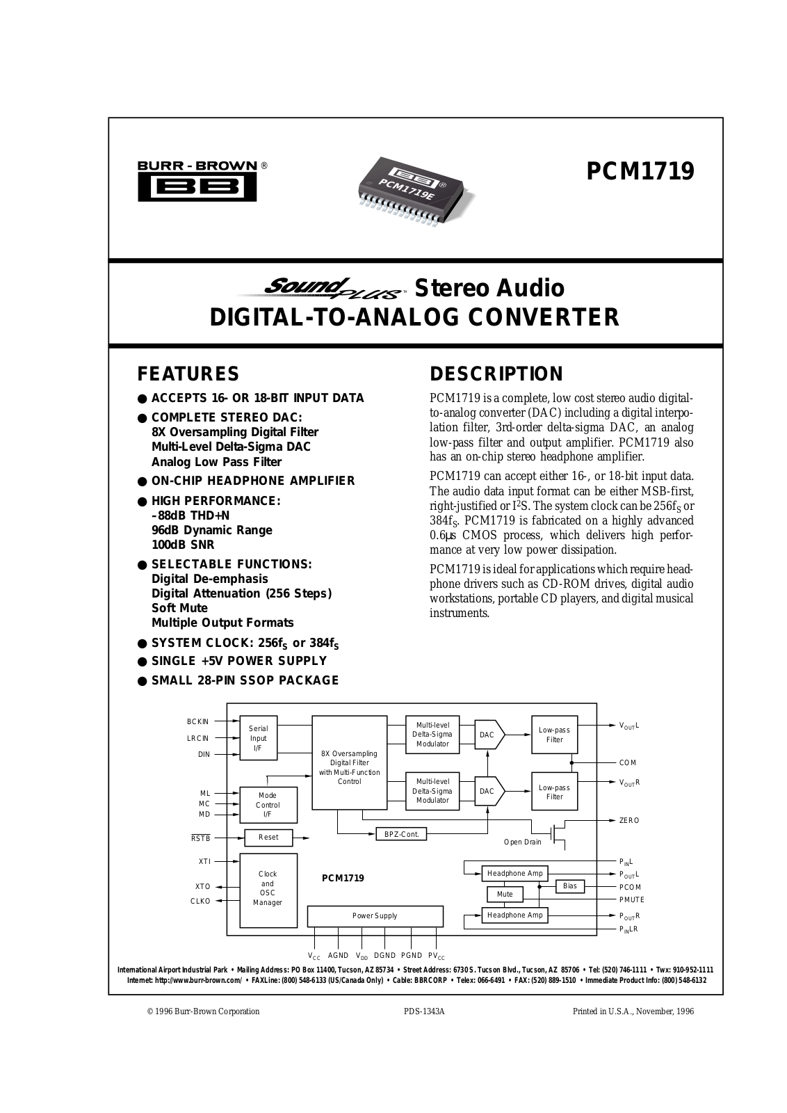 Burr Brown PCM1719E, PCM1719E-2K Datasheet