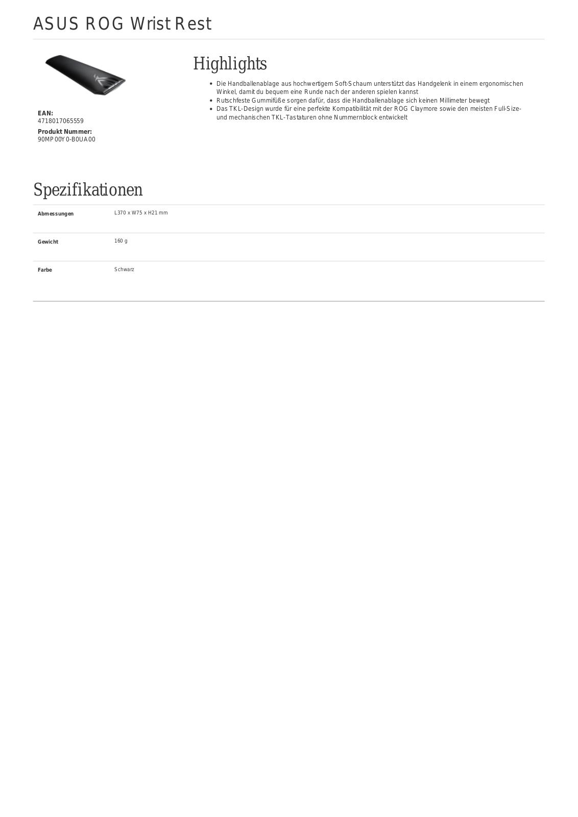 Asus ROG Wrist Rest Technical data