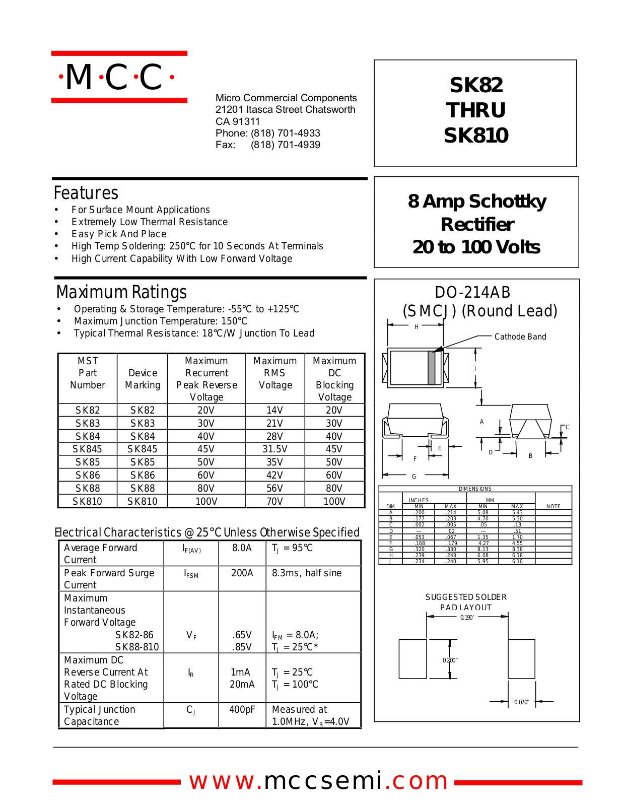 MCC SK810, SK845, SK86, SK88, SK82 Datasheet