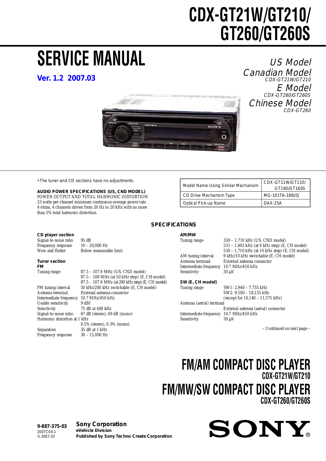 Sony CDX-GT21W, CDX-GT260S, CDX-GT260, CDX-GT210 User Manual 2