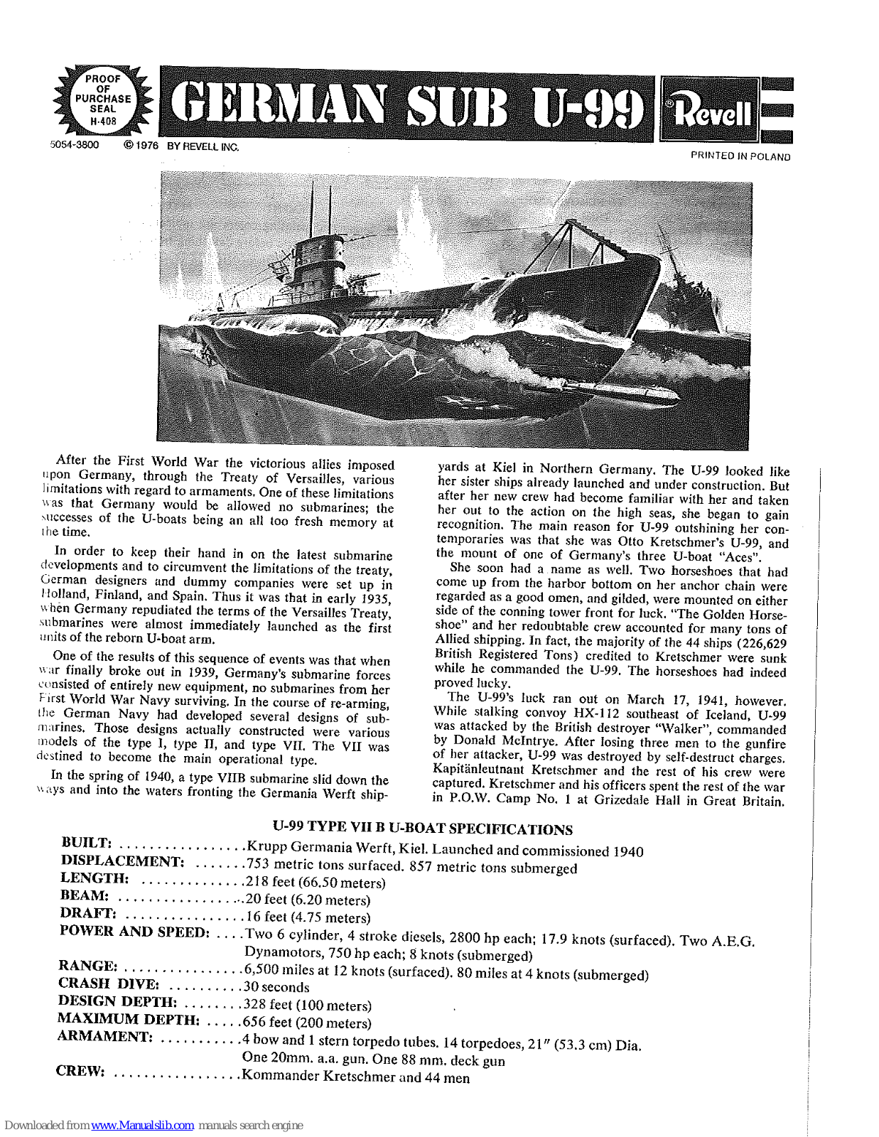 REVELL German Sub U-99 Assembly Instructions Manual