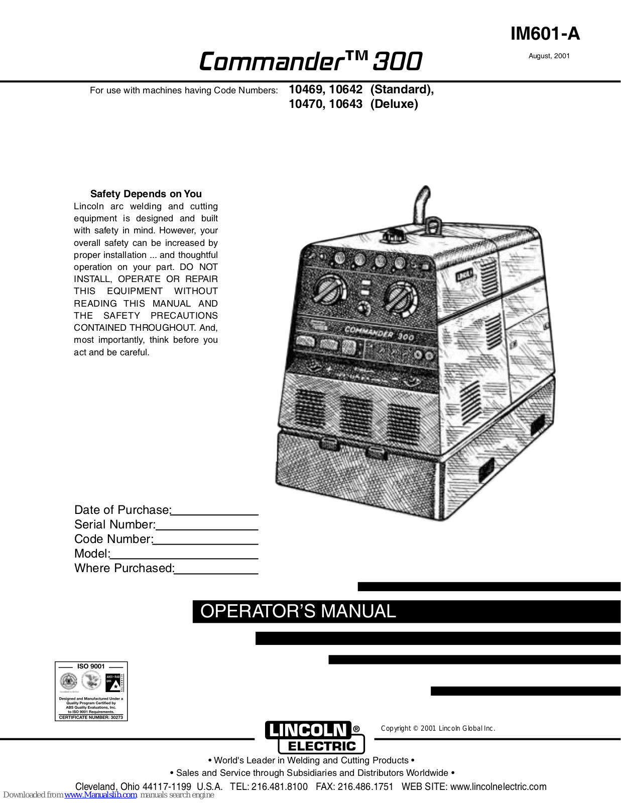 Lincoln Electric COMMANDER 300 IM601-A, COMMANDER 300 Operator's Manual