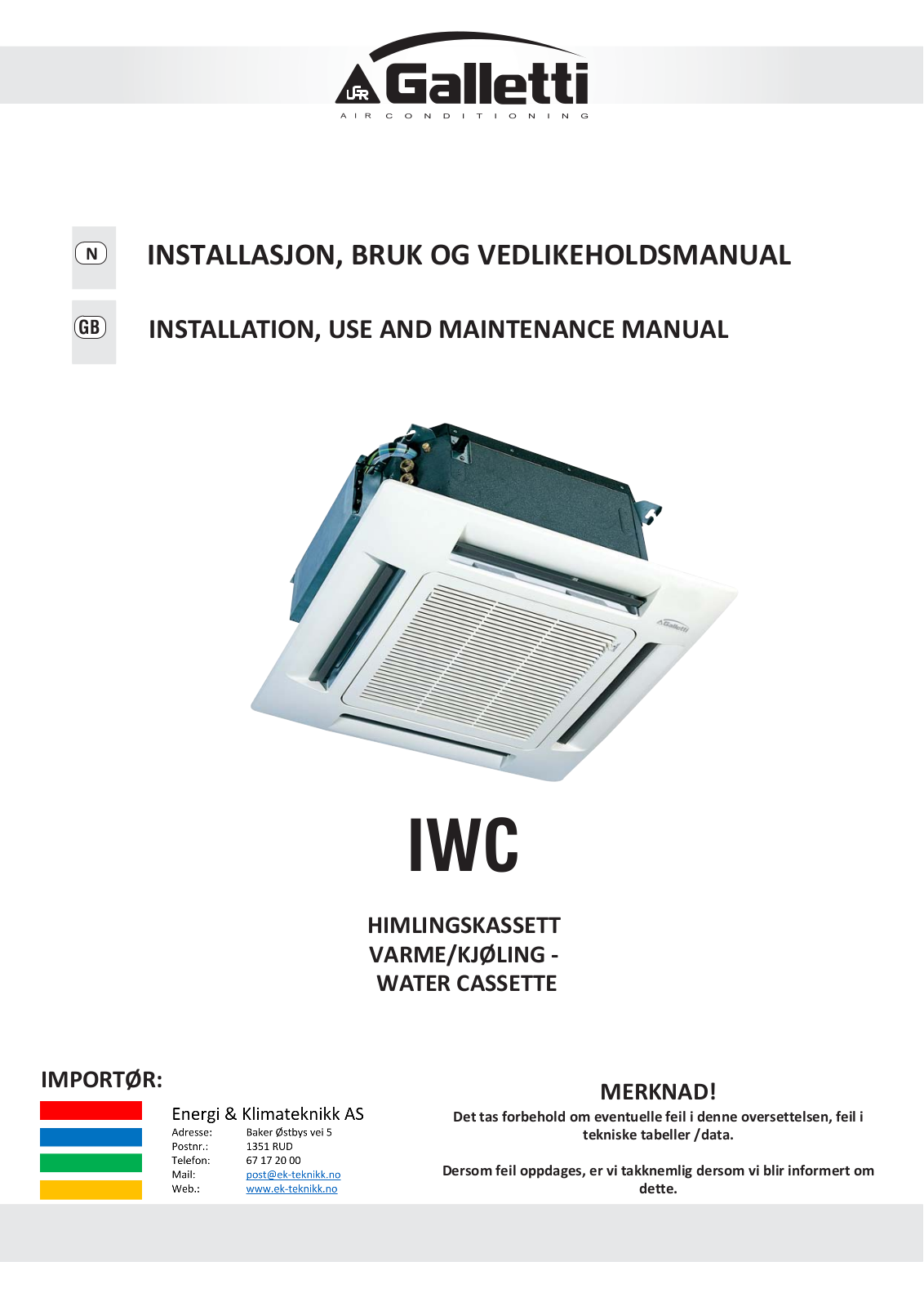 Galletti IWC Series, IWC 052, IWC 042, IWC 032, IWC 062 Installation, Use And Maintenance Manual - ManualMachine.com