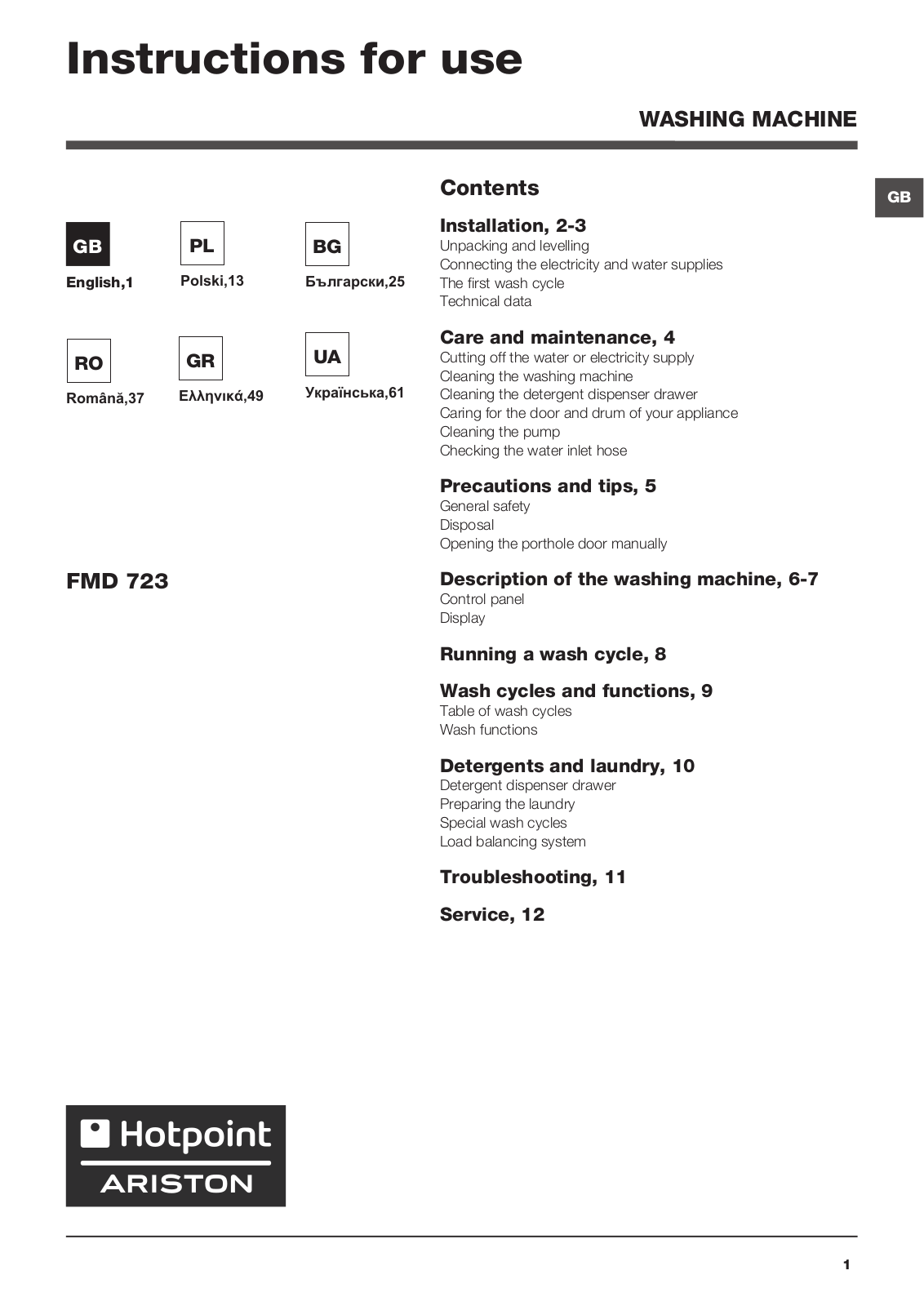 Hotpoint FMD 723MB EU Operating Instructions