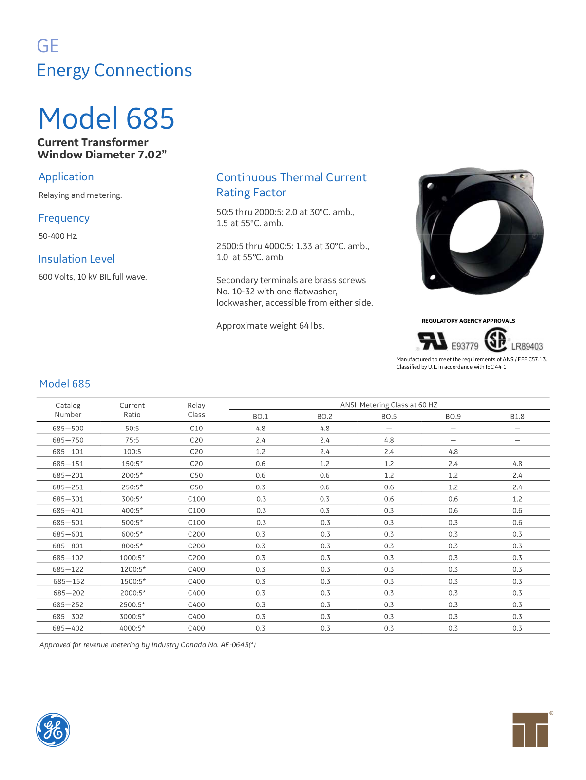 Instrument Transformer, Div of GE 685 Data Sheet