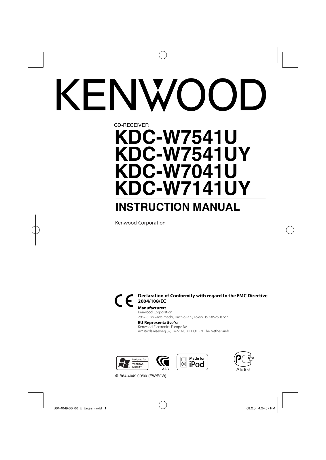 Kenwood KDC-W7541U, KDC-W7041U, KDC-W7541UY, KDC-W7141UY User Manual