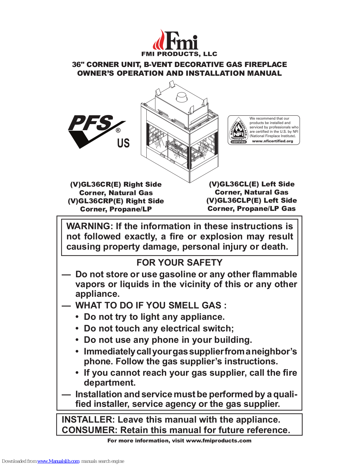 FMI (V)GL36CR(E), (V)GL36CRP(E), (V)GL36CL(E), (V)GL36CLP(E) Owner's Operation And Installation Manual