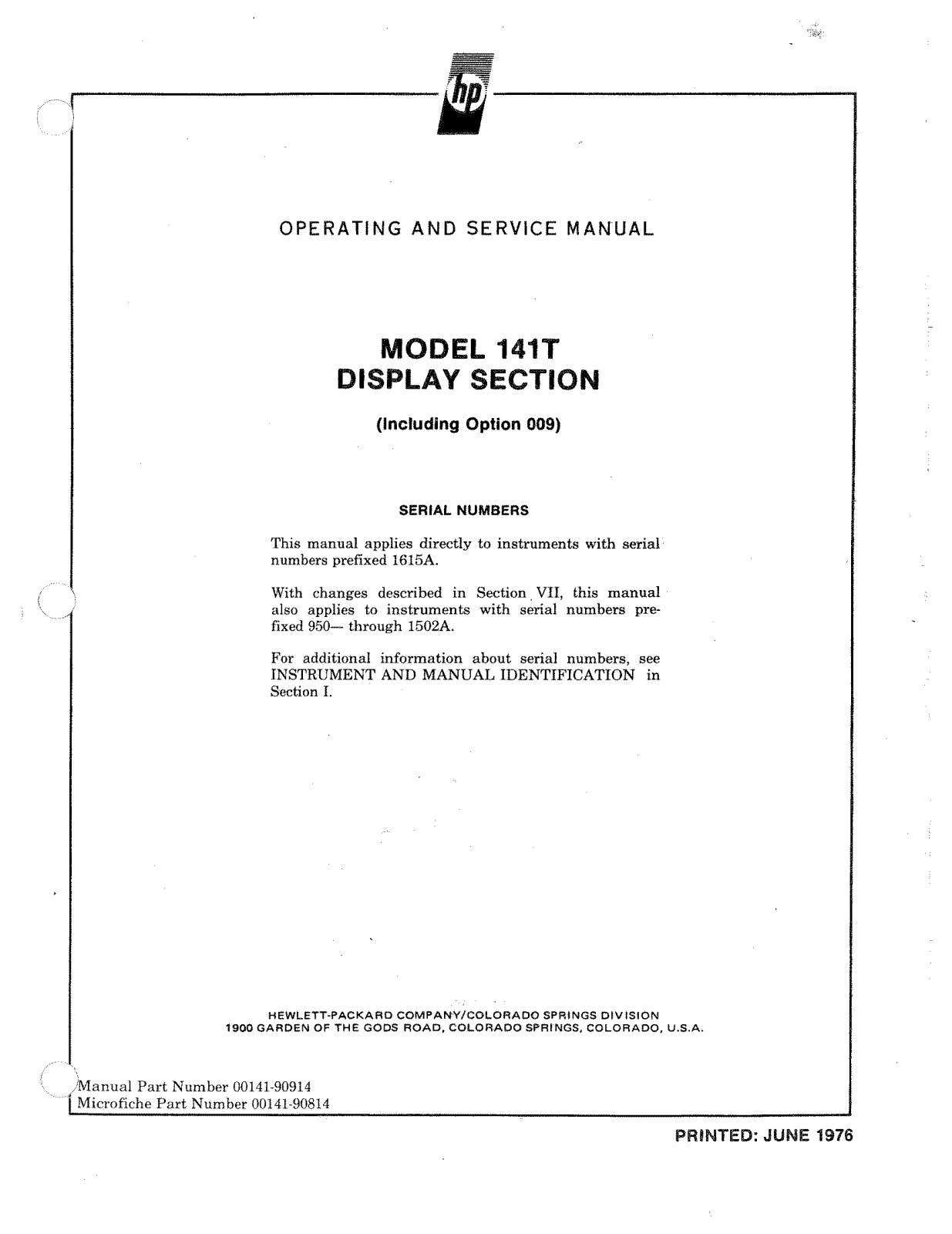 Hewlett-Packard 1615A User Manual