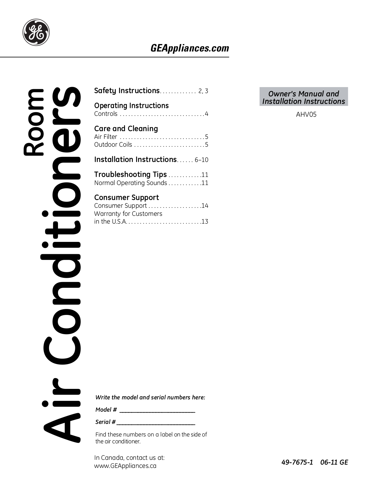 GE ANV05 Owner’s Manual & Installation Instructions