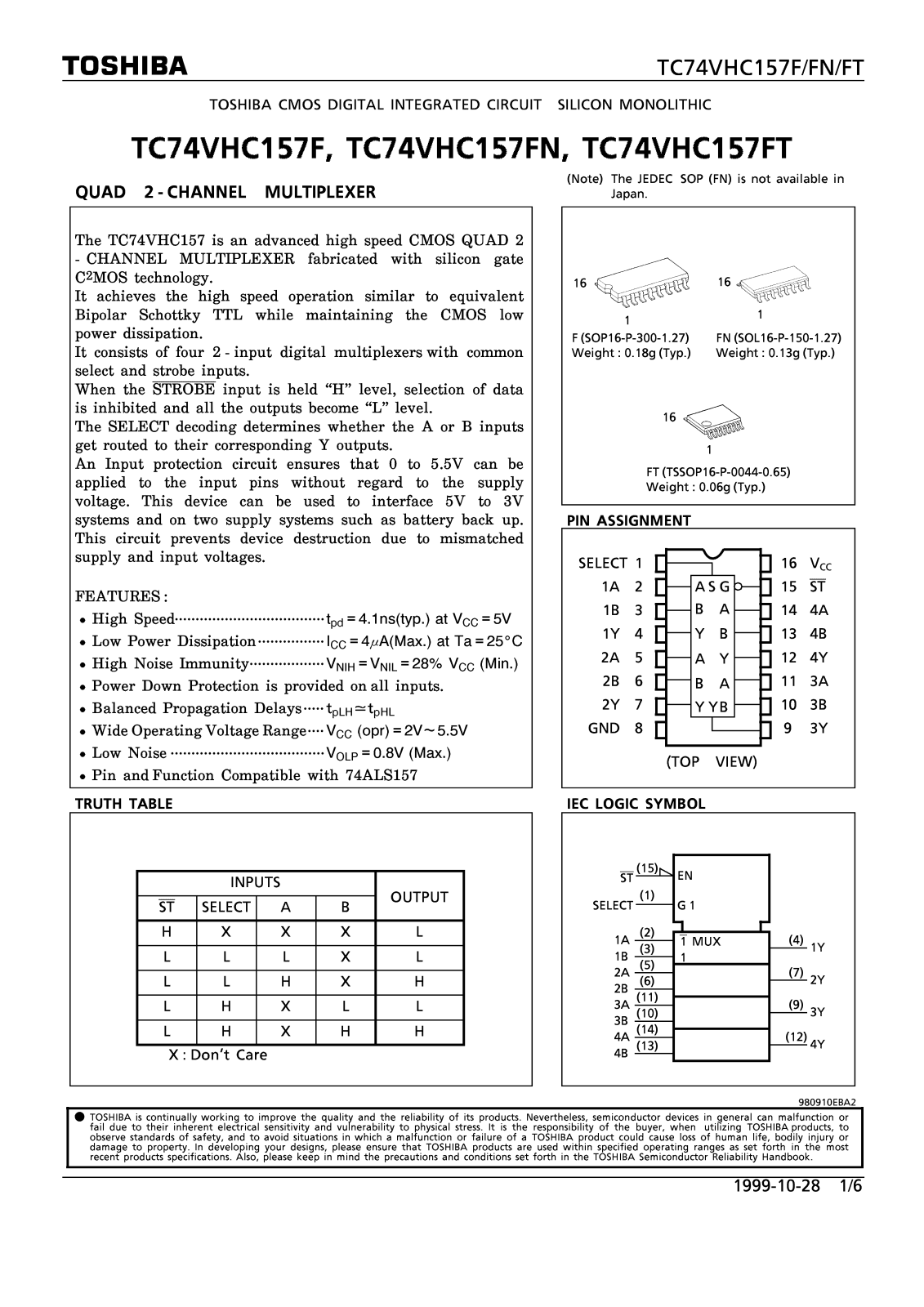 Toshiba TC74VHC157FT, TC74VHC157FN Datasheet