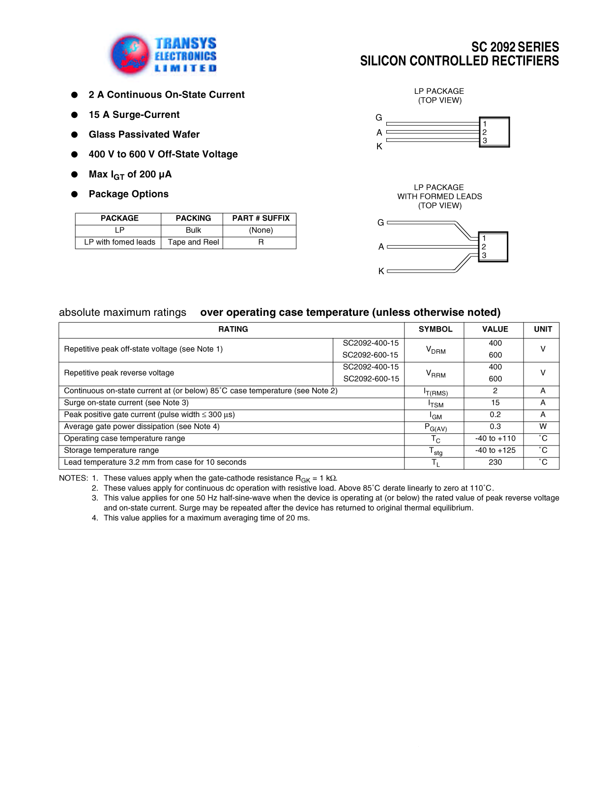 TEL SC2092-400-15, SC2092-600-15 Datasheet