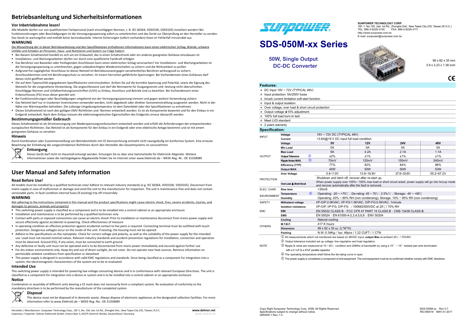 Dehner Elektronik SDS 050M-xx Series Operating Instructions