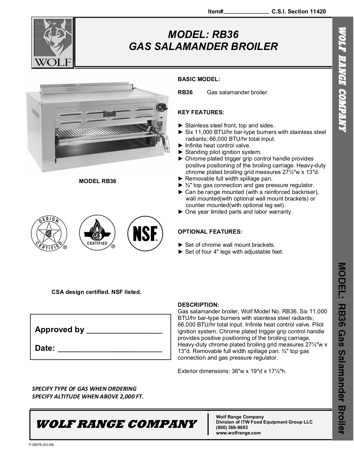 Wolf RB36 Specifications