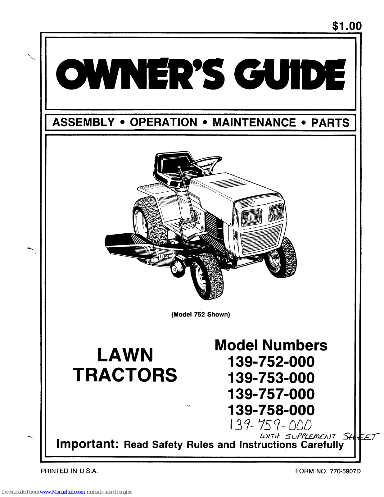 MTD 139-752-000, 139-753-000, 139-757-000, 139-758-000, 139-759-000 Owner's Manual