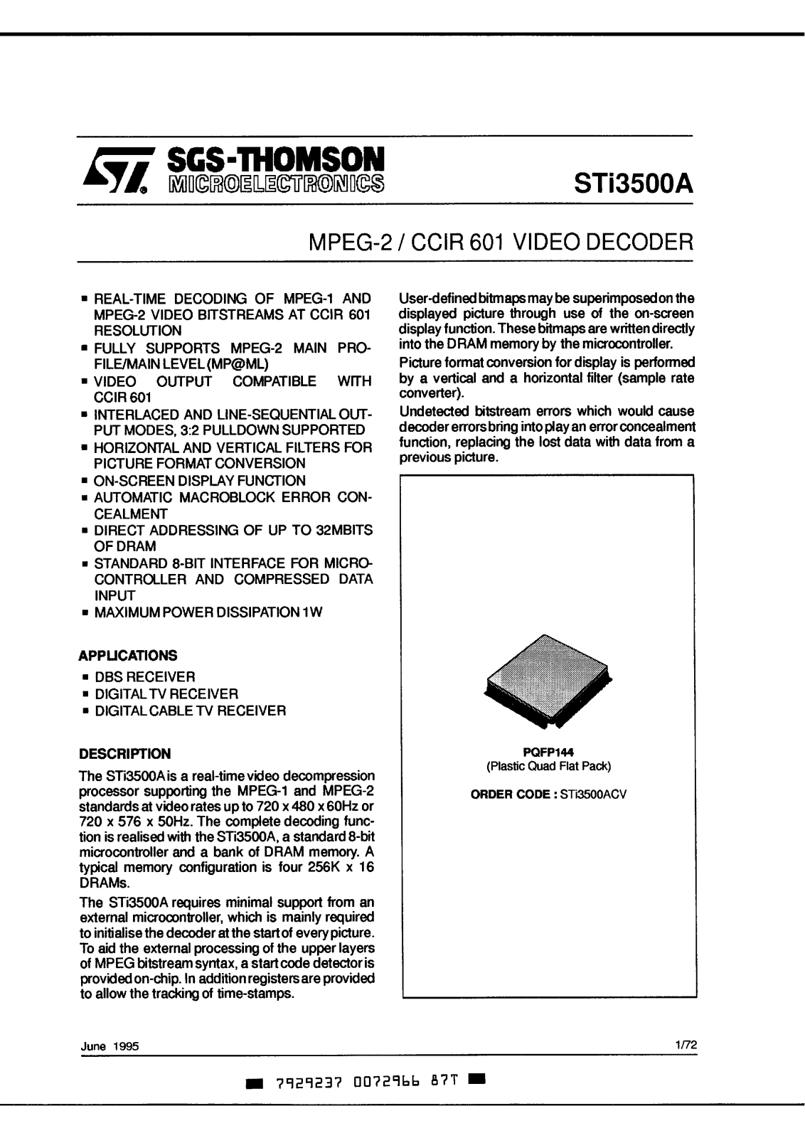 SGS Thomson Microelectronics STI3500ACV Datasheet