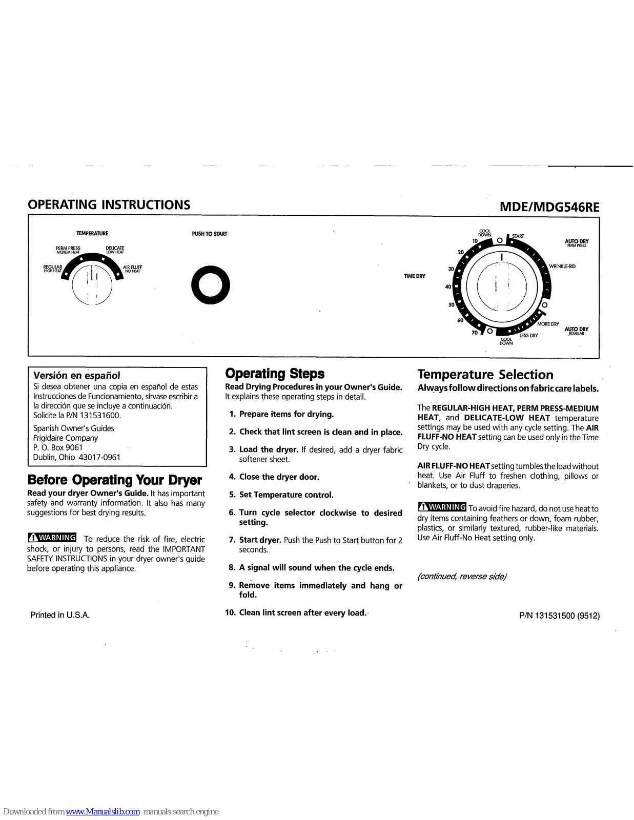 Frigidaire MDE546RE, MDG546RE Operating Instructions Manual