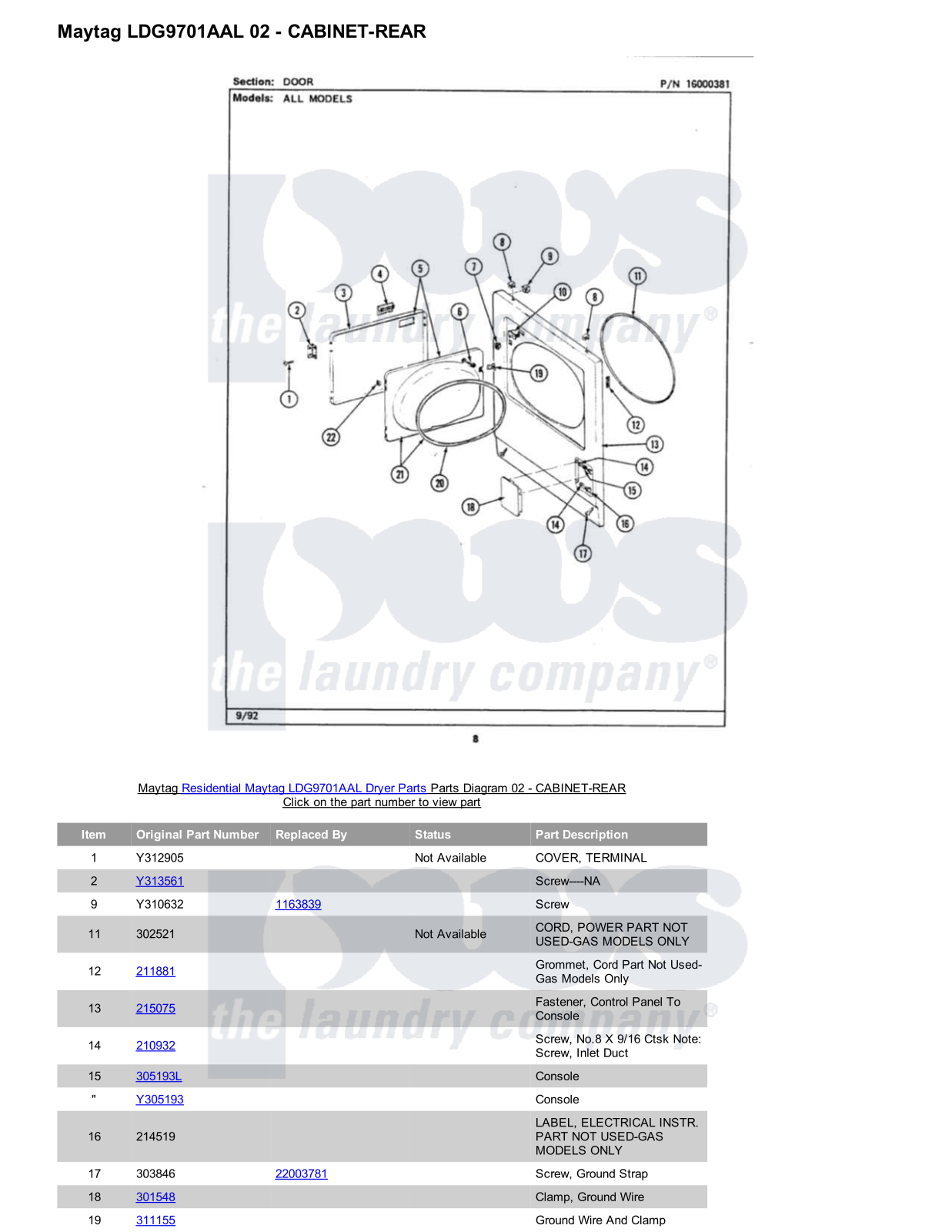 Maytag LDG9701AAL Parts Diagram