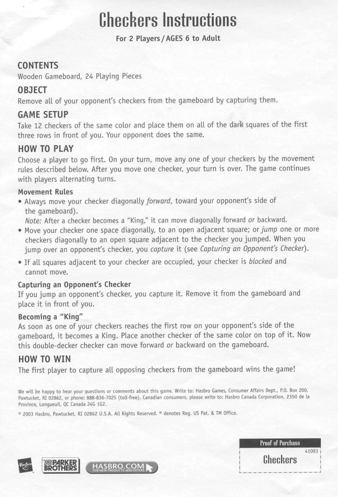 HASBRO Checkers 2003 User Manual