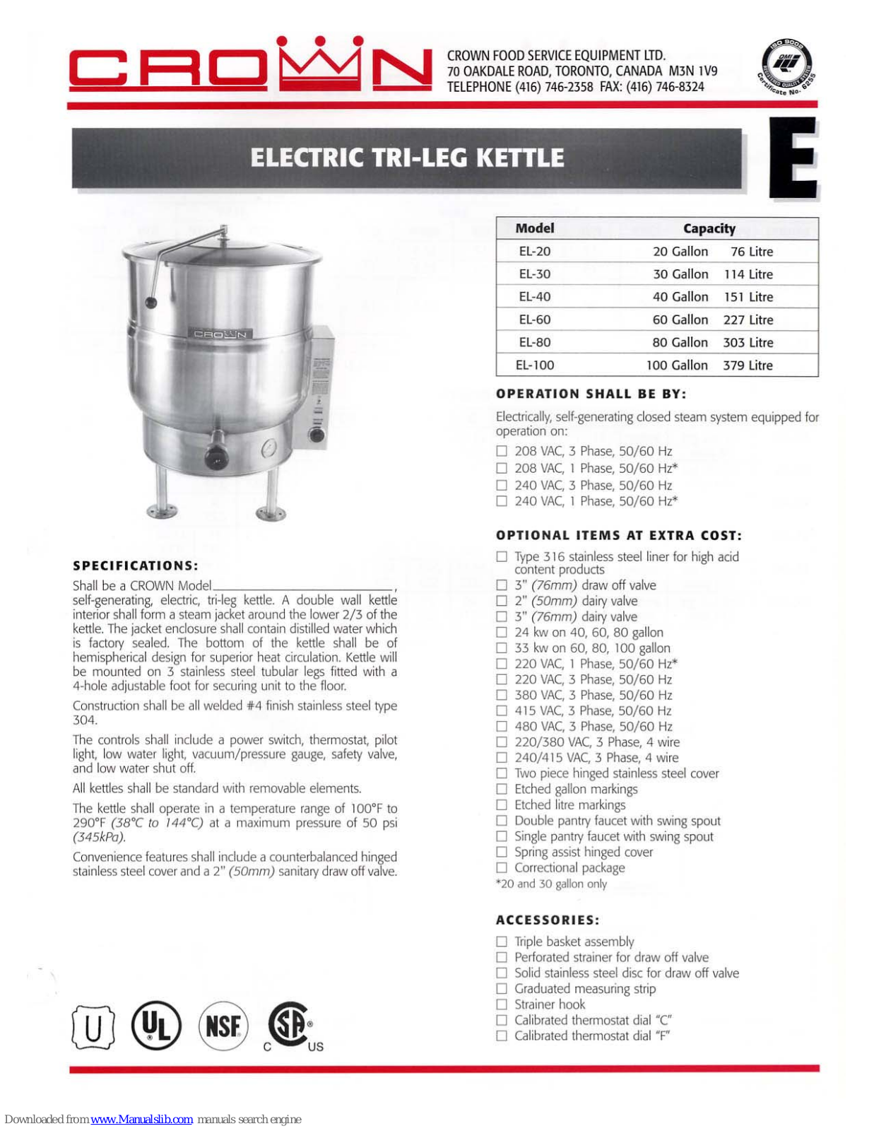 Crown EL-100, EL-30, EL-20, EL-40, EL-60 Specification Sheet