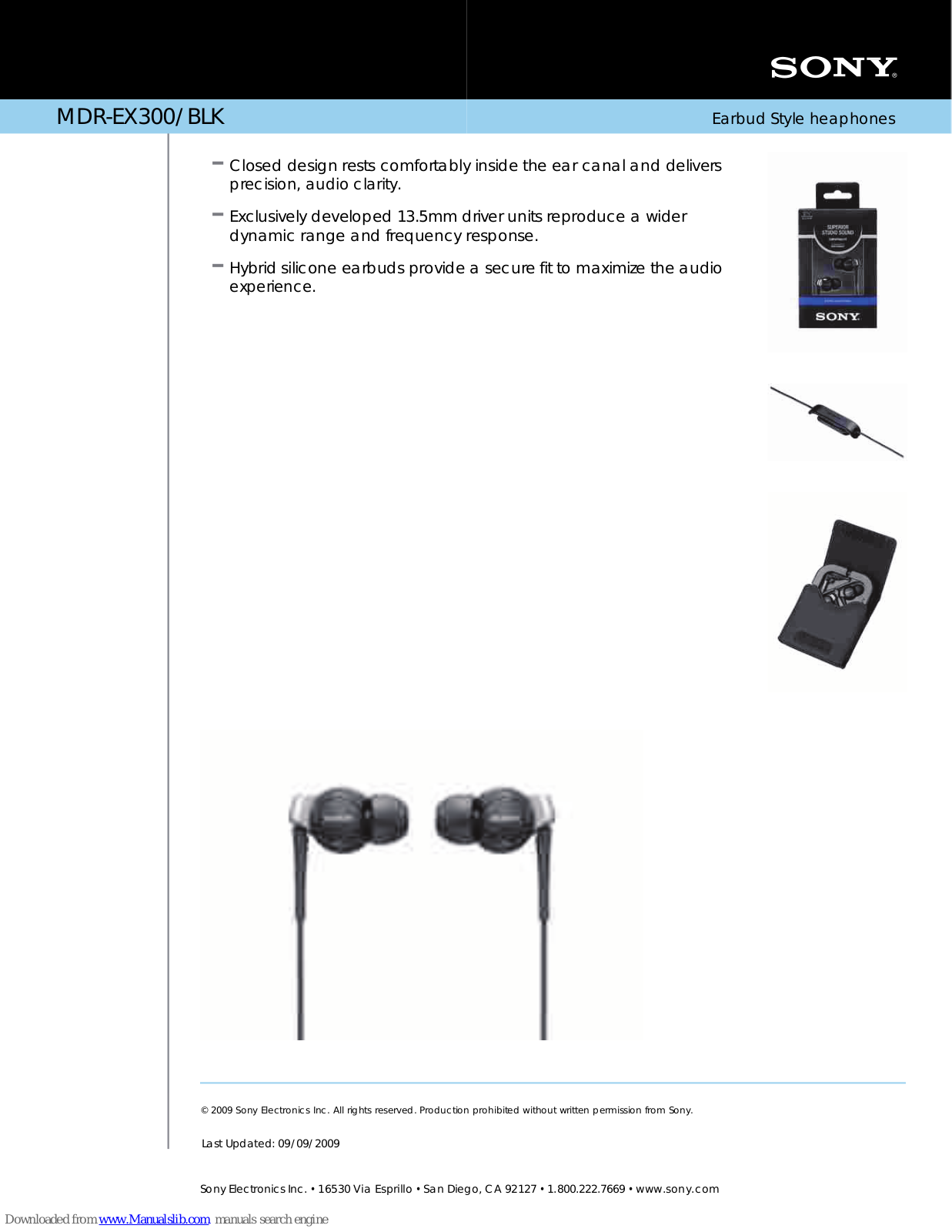 Sony MDR-EX300 - Earbud Style Heaphones, MDR-EX300/BLK Specifications