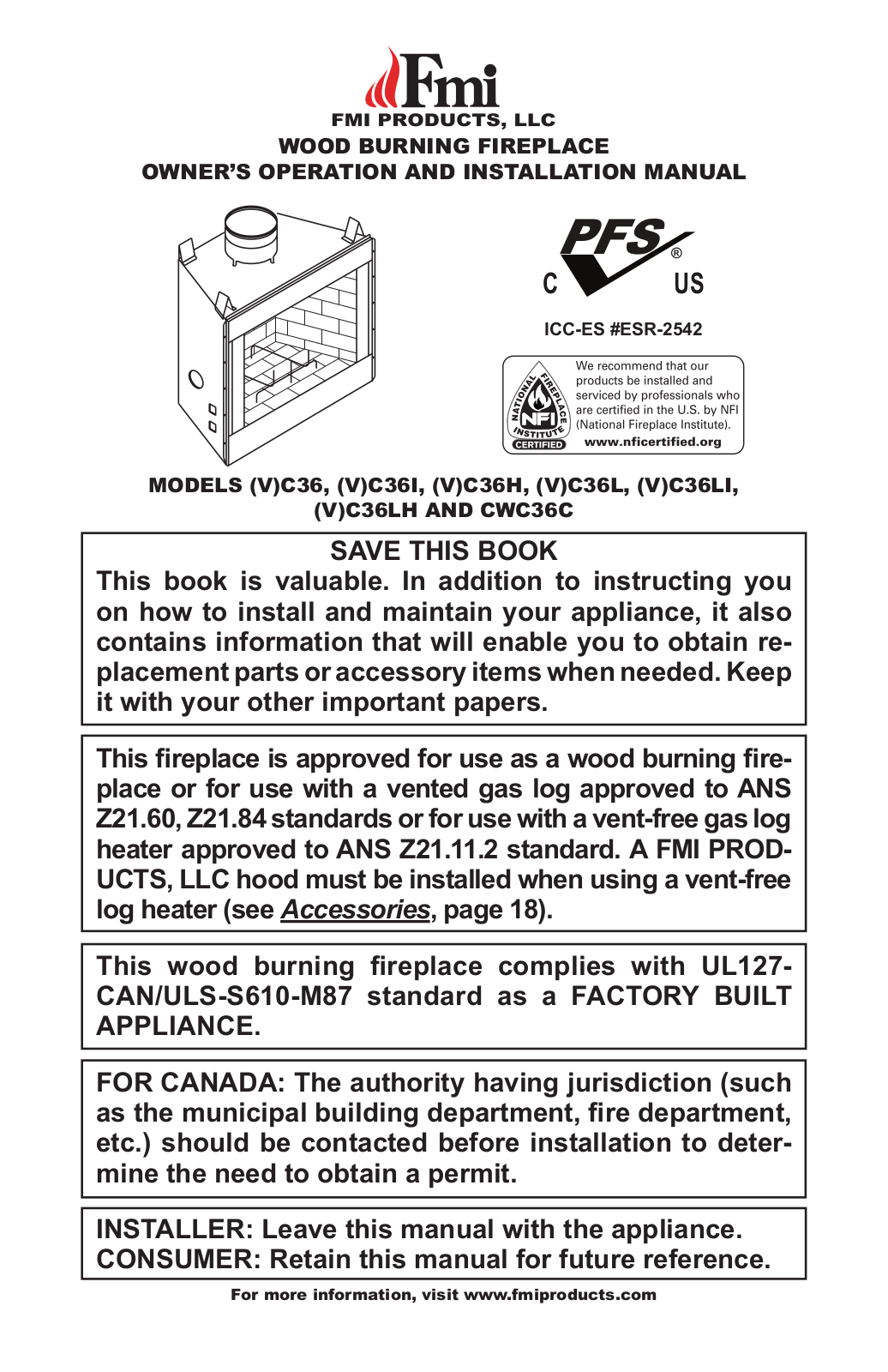 FMI VC36I, VC36LI, VC36LH, C42, C42I Owner's Operation And Installation Manual