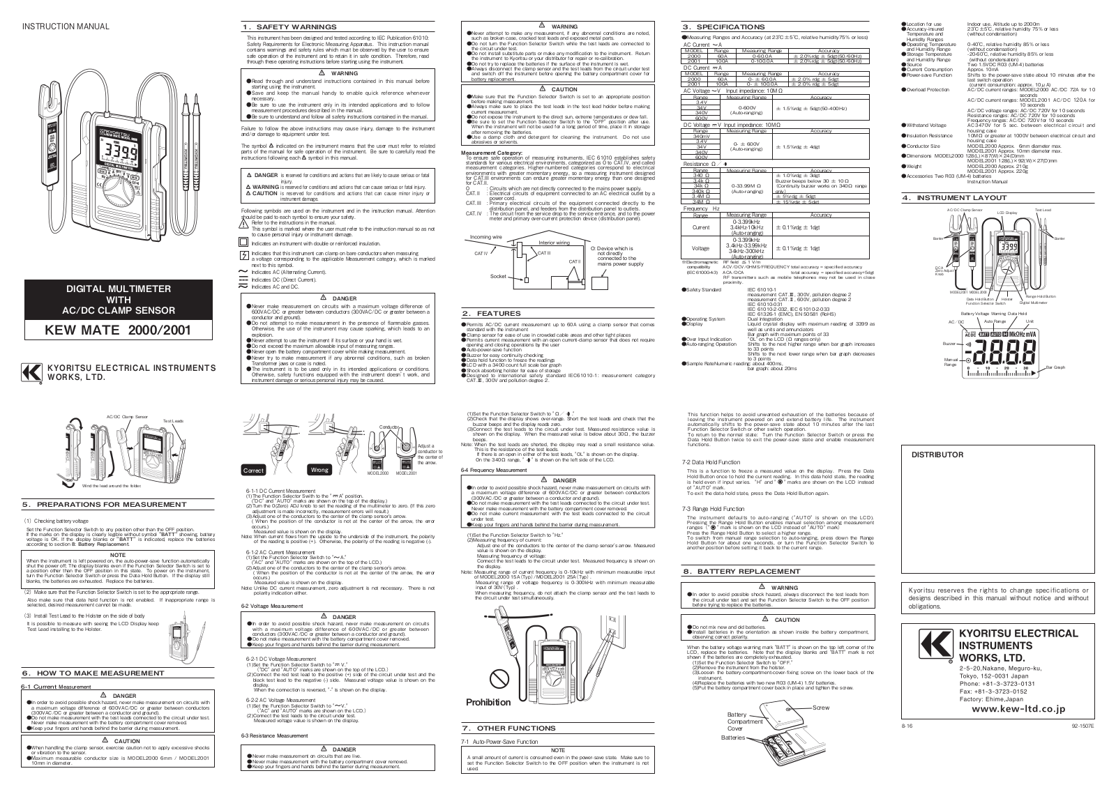 Kyoritsu Electrical Instruments Works, Ltd. KEW MATE 2001, KEW MATE 2000, 4200, KEW 4202 Instruction Manual