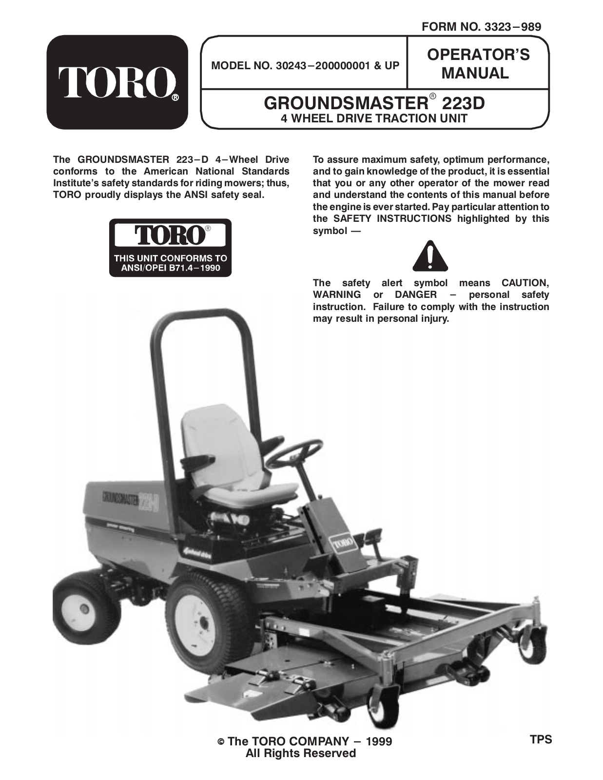 Toro 30243, Groundsmaster 223D Operator's Manual