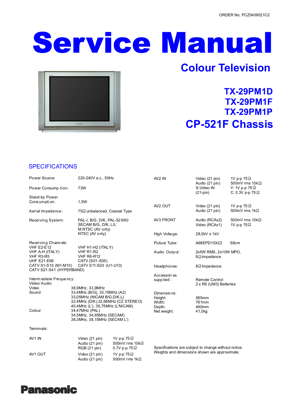 Panasonic TX-29PM1D, TX-29PM1F, TX-29PM1P Service Manual