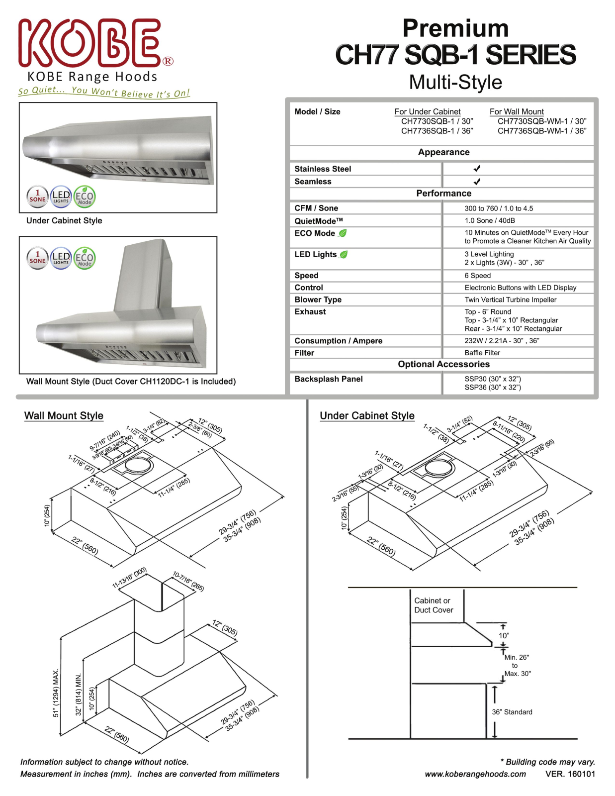 Kobe CH7730SQBWM1 Specifications